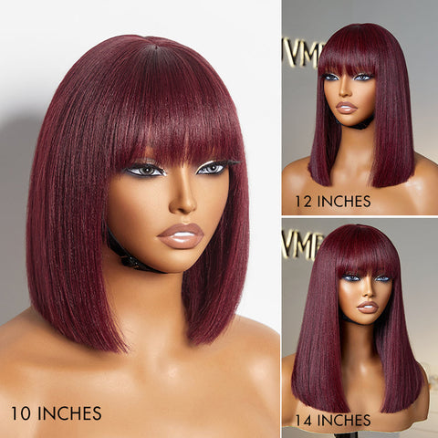 Put On and Go Realistic Glueless Yaki Straight Bob with Bangs Minimalist Lace Wig 100% Human Hair