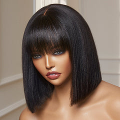 Put On and Go Realistic Glueless Yaki Straight Bob with Bangs Minimalist Lace Wig 100% Human Hair