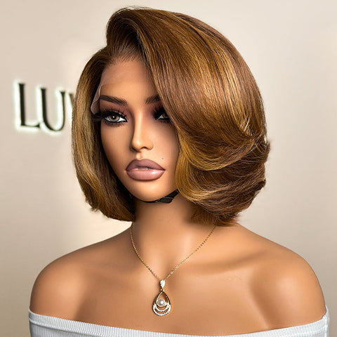 Limited Design | Toffee Brown Mix Blonde / Natural Black Layered Cut Glueless 5x5 Closure Lace Bob Wig