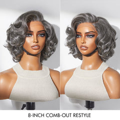 Mature Boss Salt and Pepper Bouncy Egg Curls Glueless Minimalist HD Lace Grey Wig