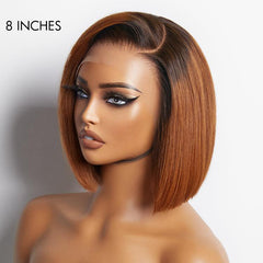 Ginger Ombre Silky Blunt Cut Glueless 13x4 Frontal Lace Short Bob Wig 100% Human Hair