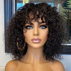 Beginner Friendly Water Wave Minimalist Lace Glueless Short Curly Wig with Bangs Breathable Cap