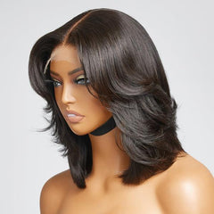 Limited Design | Natural Black Handcraft Layered 5x5 Closure HD Lace Glueless Short Wig | Large & Small Cap Size