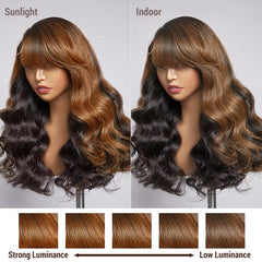 Brown Mix Black / Natural Black C Part Glueless Loose Wave 5x5 Closure Wig with Bangs 100% Human Hair