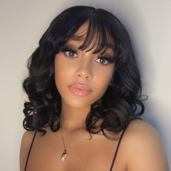 Glueless Beginner Friendly Soft Wavy Curls Bob Wig with Bangs 100% Human Hair